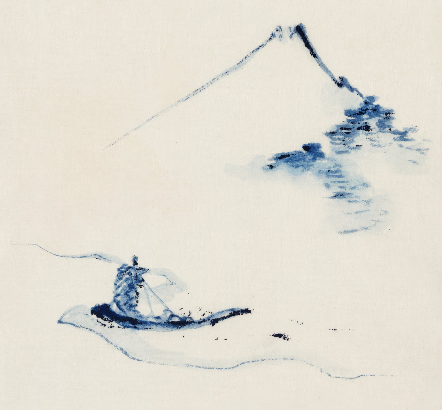 A Person in a Small Boat on a River with Mount Fuji in the Background (1830) by Katsushika Hokusai